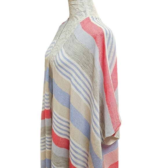 By Anthropologie Kimono Boho Striped Open Front Cotton Fringe Hem Beachy Poncho - Picture 7 of 11